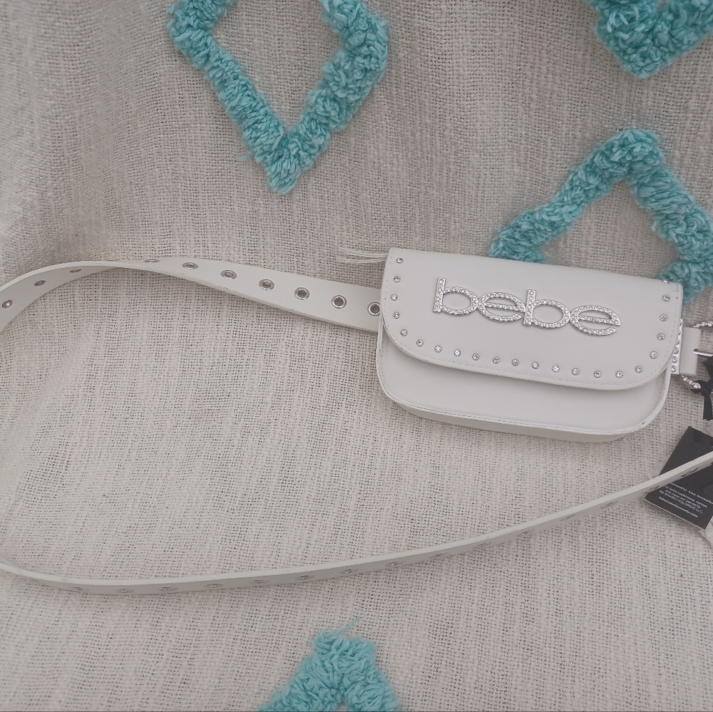 bebe White Studded Logo Crossbody Belt Bag